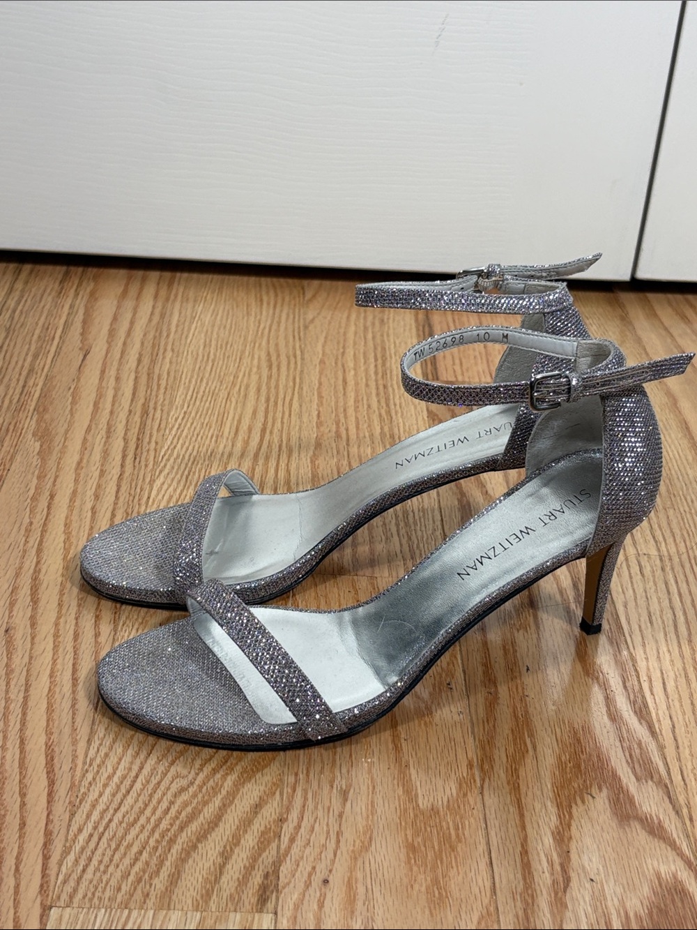 Stuart Weitzman Glittery Silver Open-Toe Ankle-Strap Stilettos